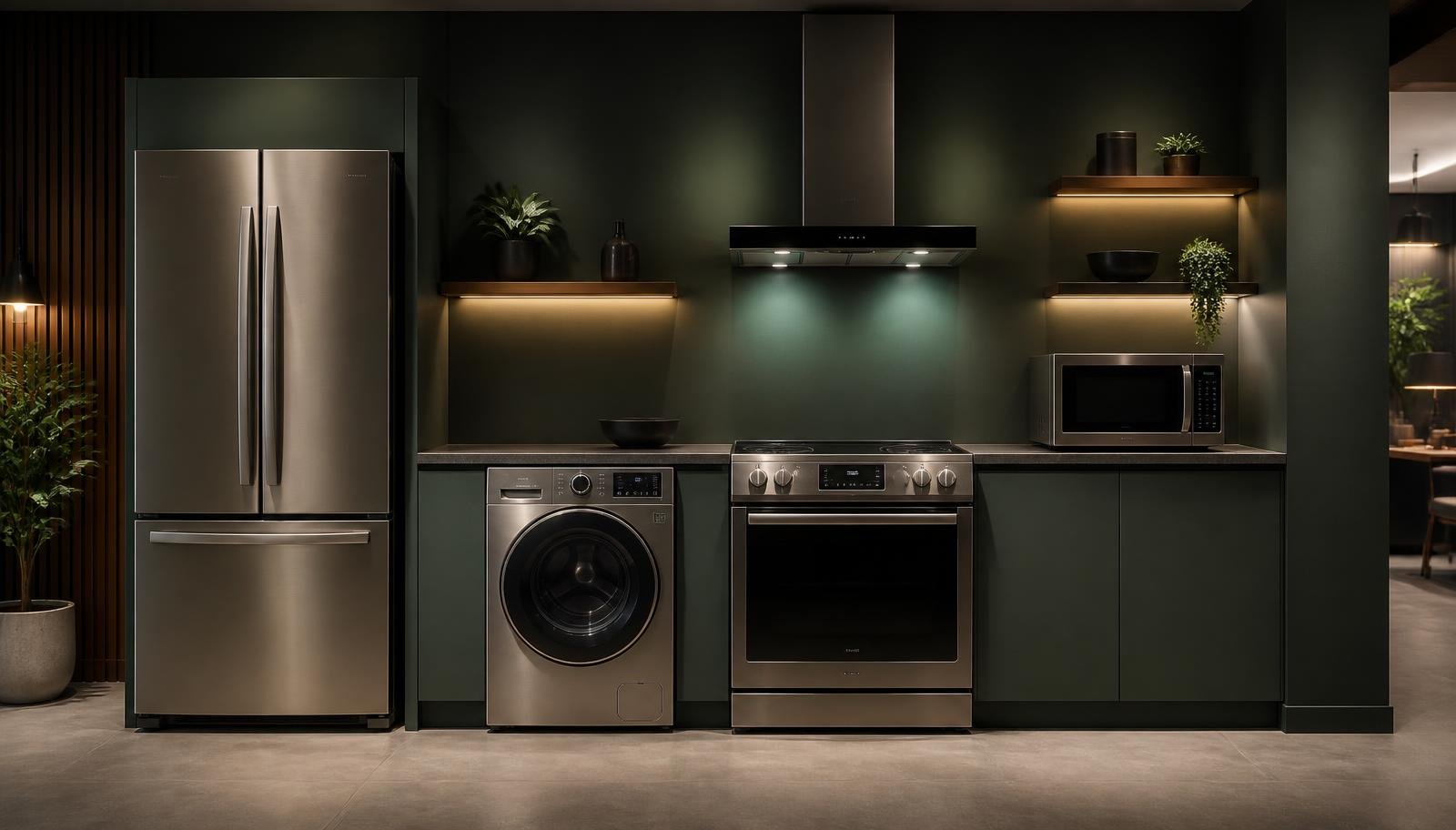 Showroom com geladeira, lavadora, fogão e micro-ondas